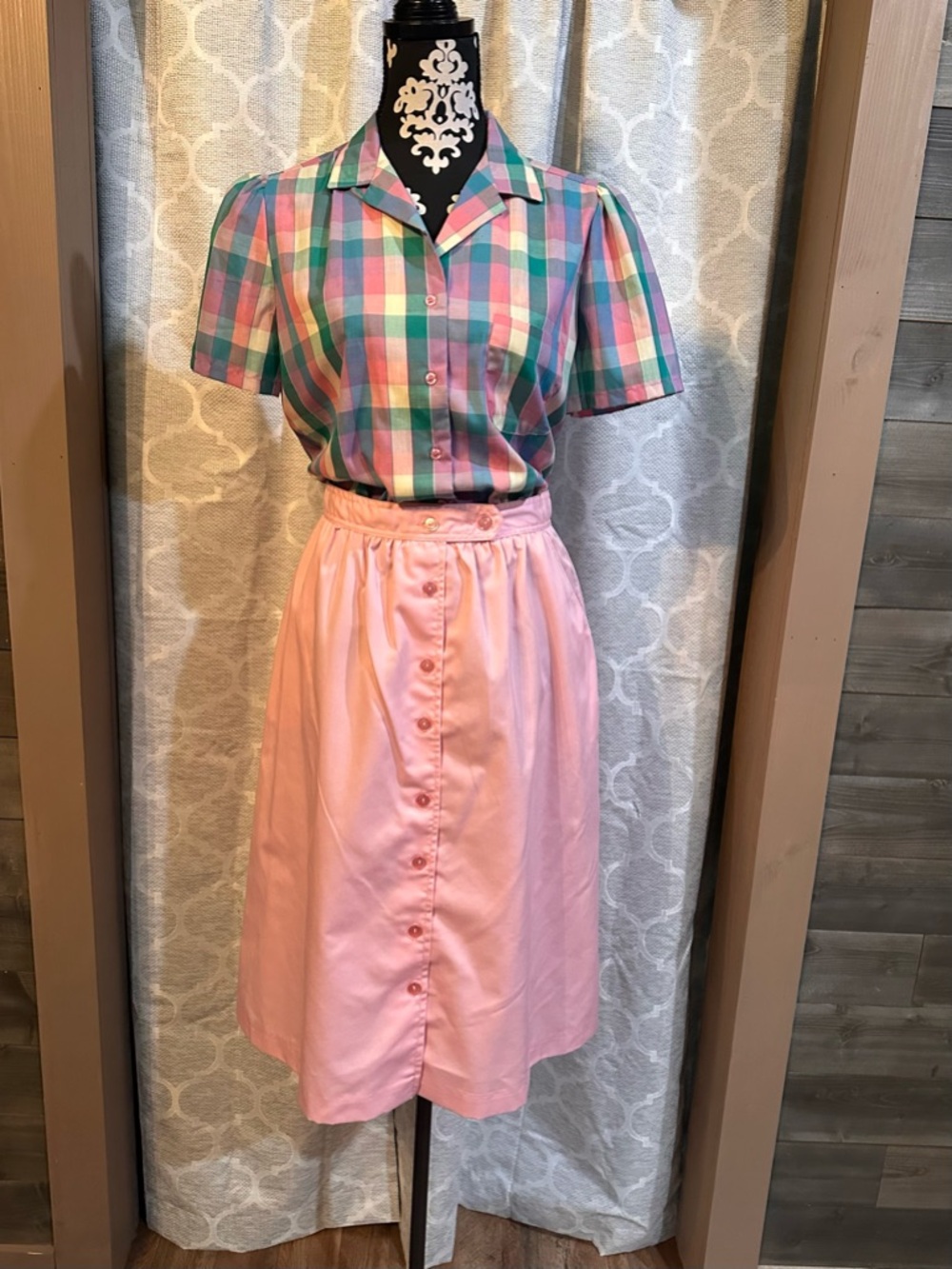 VintageBundle Deal! Pink Button-Front A-Line Skirt w/ Pink plaid button down M